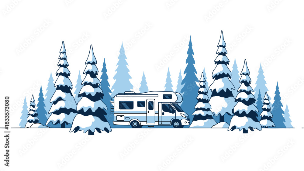Obraz premium White campervan in snowy forest for winter travel blog and road trip vacation concept