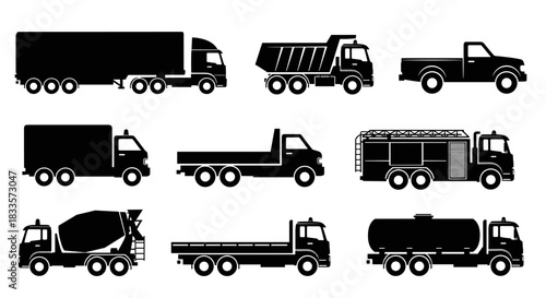 Collection of Various Truck Silhouettes for Transportation and Industry.