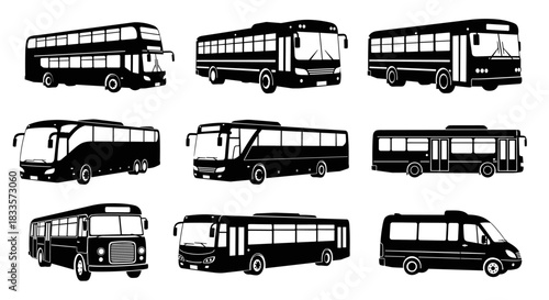Collection of various bus types and designs in silhouette.