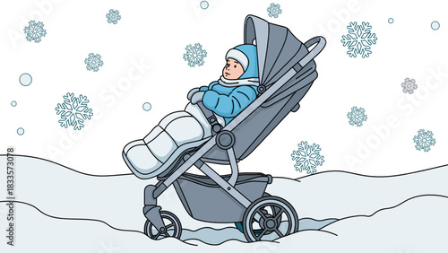 Cute baby in warm stroller walking in winter park for parenting blog and family lifestyle
