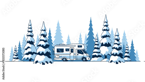 White campervan in snowy forest for winter travel blog and road trip vacation concept