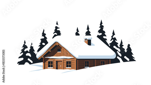 Wooden alpine hut covered in snow with pine trees for winter landscape design and travel cards