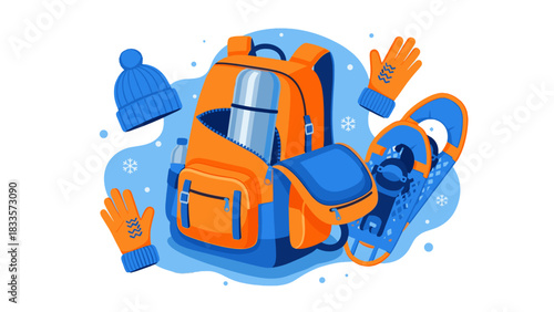 Hiking backpack with thermos and winter gear for travel adventure and camping equipment design