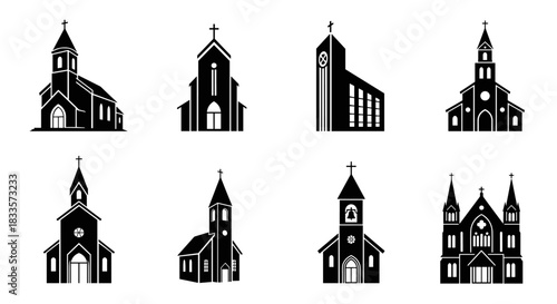 Collection of Diverse Church Building Silhouettes for Religious Architecture.