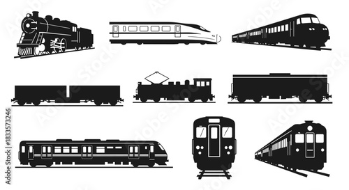 Collection of diverse train silhouettes showcasing different eras and types of locomotives and carriages.