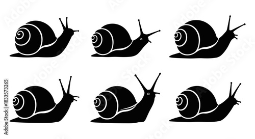 Six Black Silhouettes of Snails in a Row.