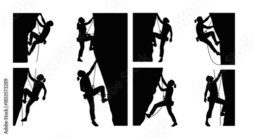 Silhouettes of people rock climbing on a cliff face.