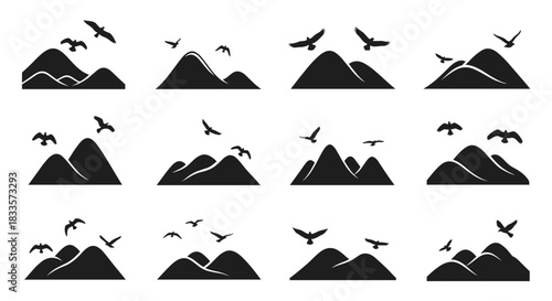 Collection of Silhouetted Mountain Ranges with Birds in Flight.