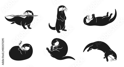 Set of six black silhouette illustrations of otters in various playful poses.