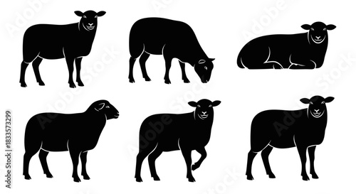 Set of six black sheep silhouettes in various poses on a white background.