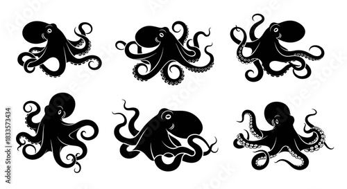 Set of Six Black Octopus Silhouettes in Various Poses.