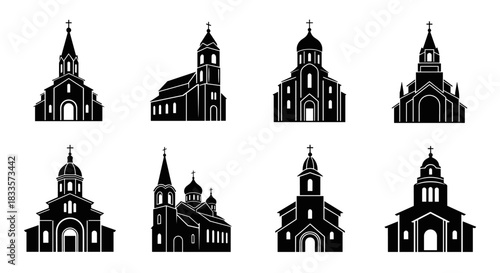 Collection of Black Church Silhouettes Architectural Designs.