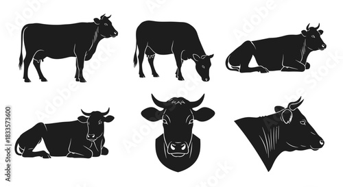 Collection of Black Silhouette Cows in Various Poses.
