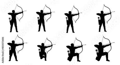 Silhouette Collection of Archers in Various Poses Demonstrating Archery Skills.