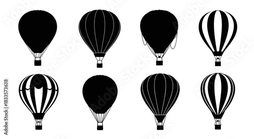 Collection of eight hot air balloon silhouettes in various designs.
