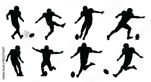 Collection of American Football Player Kicking Silhouettes.