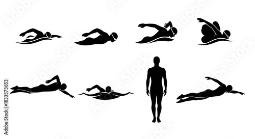 Collection of Swimmer Silhouettes Demonstrating Various Strokes and Poses.