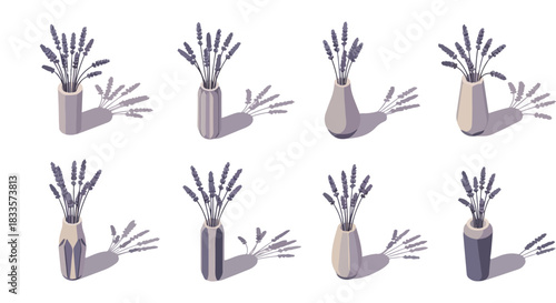 Lavender bouquets in vases with shadows