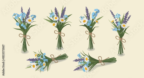 Lavender and daisy flower bouquets tied with twine