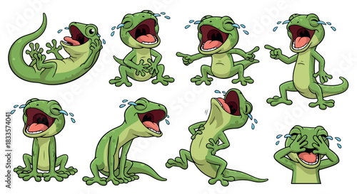 Laughing lizard characters in various poses