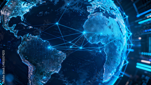Cyberpunk Style Global Network Connection: Technological Visualization of Earth and Digital Nodes