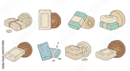 Food packaging and snacks arrangement on white background