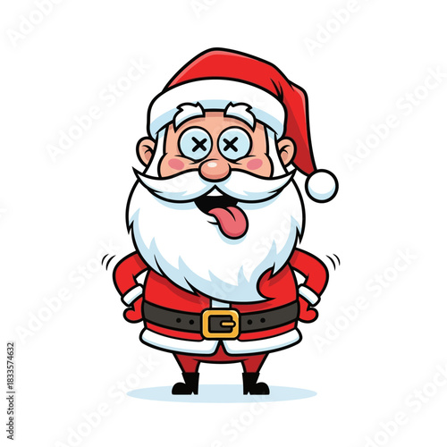 Hilarious cartoon Santa character with crossed eyes and tongue out, perfect for festive holiday greetings and humorous Christmas promotions this season