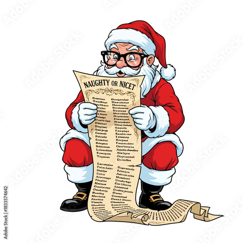 Santa Claus checking his naughty or nice list - Festive holiday season fun with a classic Christmas character review children's behavior