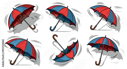 Red and blue umbrellas blowing in wind