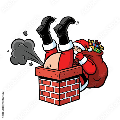 Funny Santa Claus stuck in chimney cartoon ready to deliver gifts, a comic holiday moment for Christmas season greetings and seasonal promotions