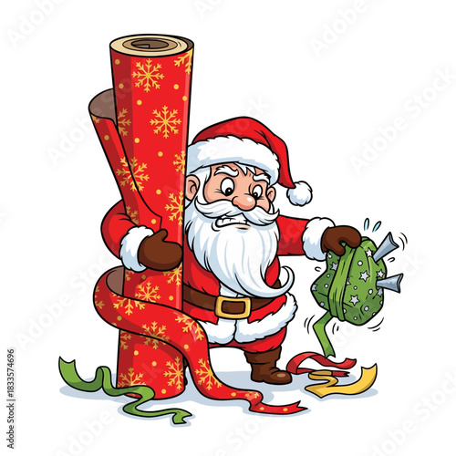 Stressed Santa struggles wrapping a gift with wrapping paper roll, capturing holiday chaos and humorous Christmas moments for festive designs