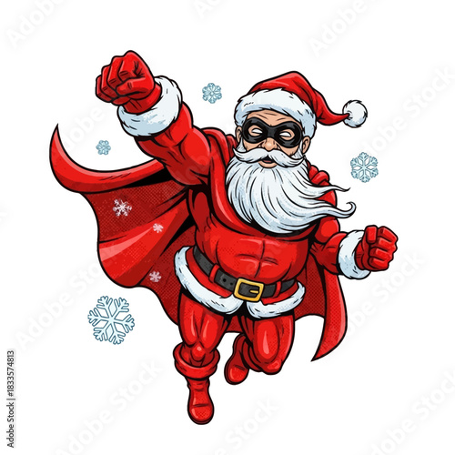 Empowered Santa Claus superhero delivering holiday cheer with dynamic flight and festive spirit, a pop art twist on a beloved Christmas icon