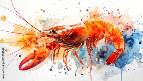 Vibrant lobster illustration with watercolor splashes