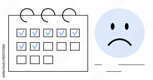 Stress concept. Stress illustrated by a marked calendar alongside a sad face, overwhelming schedules and time management struggles. Stress affecting mental health and work-life balance. For wellness