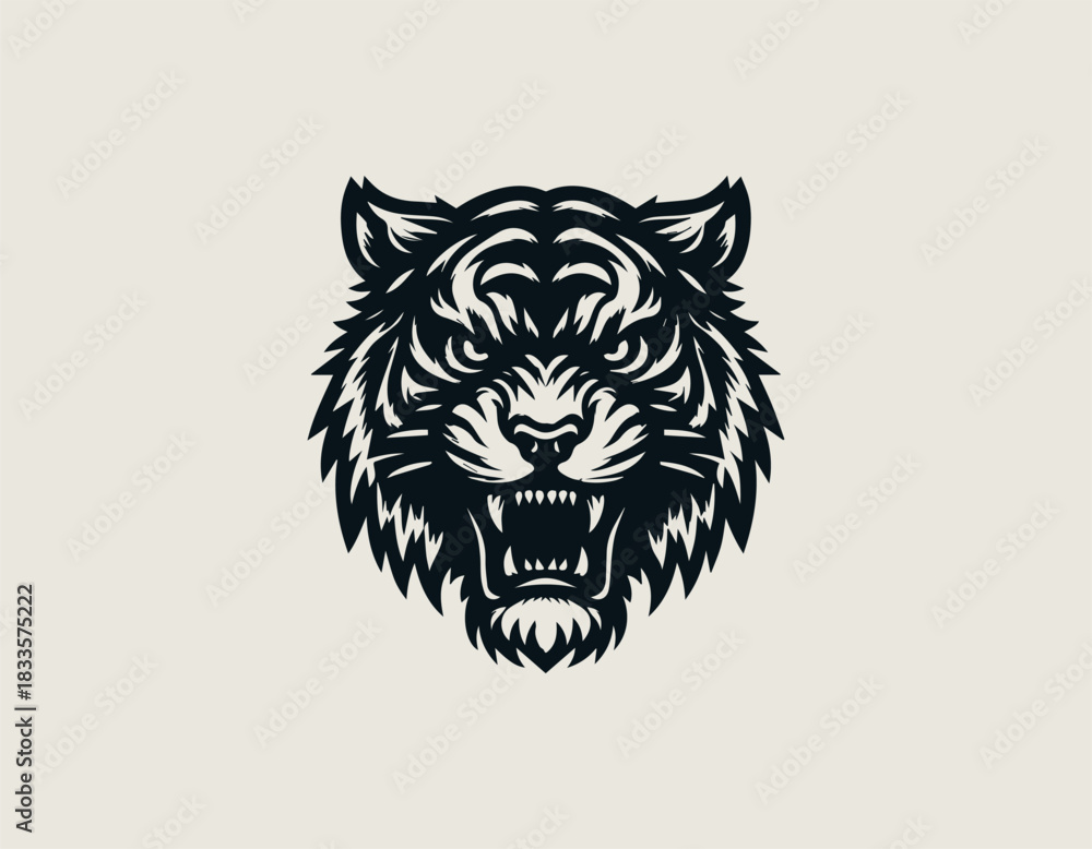 Fototapeta premium Mad Tiger Face black vector logo illustration