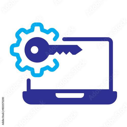 A two-tone blue icon showing an API key in front of a laptop, symbolizing encrypted digital login, device authentication, and online access control.