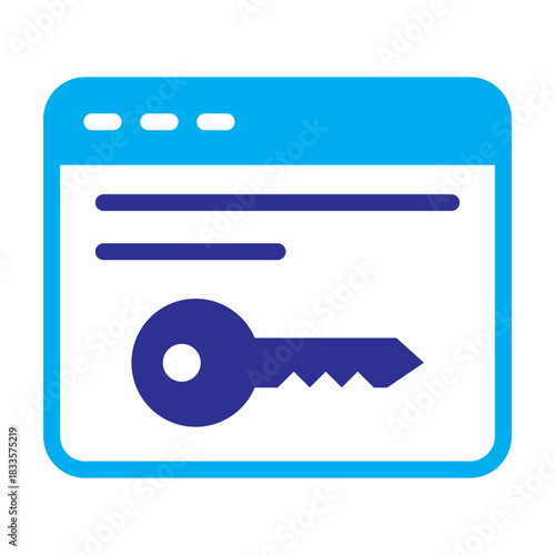A two-color blue icon of an API key displayed in a browser window, representing online authentication, safe access control, and web integration.