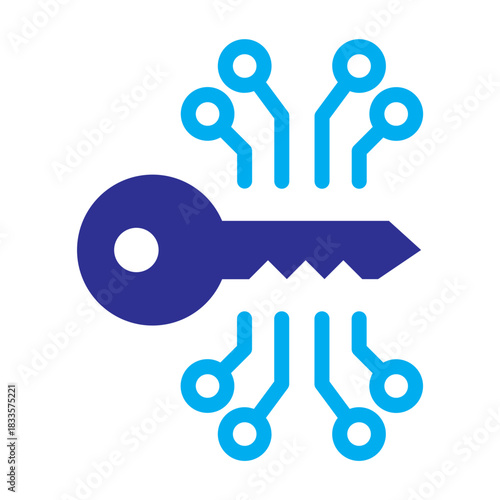 A blue two-color icon showing an API key connected to circuit nodes, symbolizing cybersecurity, digital encryption, and protected access routes.