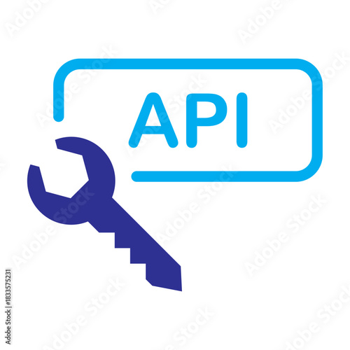 A two-tone blue minimal icon of an API key with an API label inside a bubble frame, illustrating lightweight secure endpoints and easy integration.