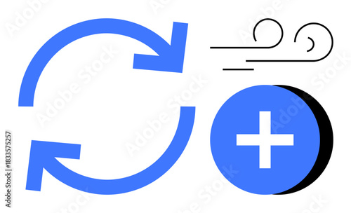 Renewal concept. Blue circular arrows signify renewal with airflow motif and plus sign emphasizing addition and positive progress. Renewal ideas for sustainability, growth, health, technology