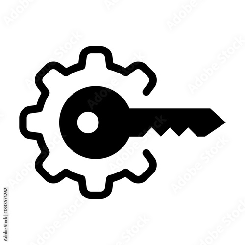 A solid glyph icon of an API key integrated with a gear, representing secure automation, system configuration, and backend access.