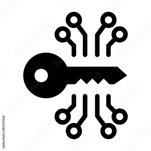 A solid glyph icon of an API key connected to circuit branches, symbolizing encrypted access, programmable systems, and cybersecurity.