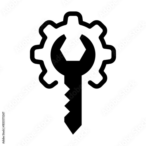 A glyph icon showing an API key combined with a wrench-shaped gear, representing engineering control, secure configuration, and advanced development tools.
