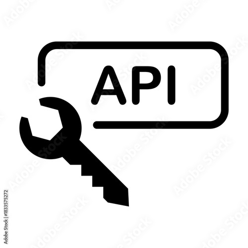 A solid glyph icon of an API key and API label inside a speech-bubble shape, illustrating lightweight secure connection and endpoint access.