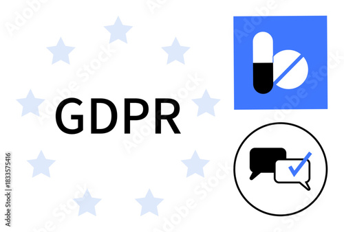 GDPR text surrounded by stars with pill icon and speech bubbles marked by check. Ideal for data regulation, privacy, communication, health info, law compliance, tech, and user safety. Simple flat