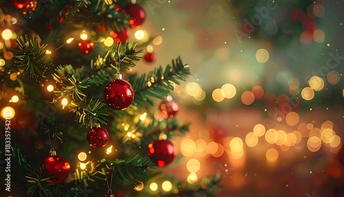 Festive fir boughs glow red ornaments shimmer