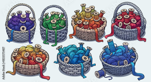 Colorful thread spools in woven baskets