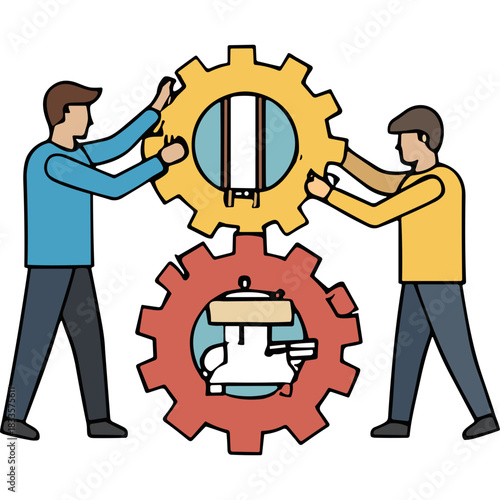 Two Men in Blue and Yellow Shirts Collaborating Connecting Large Yellow and Red Gears Symbolizing Teamwork and Mechanical Engineering with Abstract Machine Elements Inside
