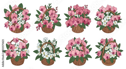 Floral baskets with orchids and jasmine flowers