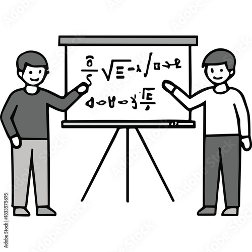 Two Men Standing By A Whiteboard Displaying Complex Mathematical Equations And Formulas With Scientific Symbols And Variables Demonstrating Education Concept On White Background